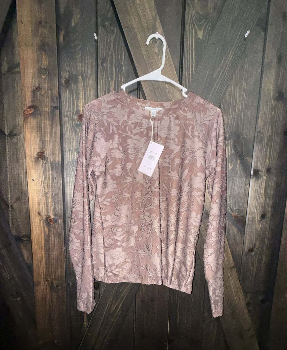 Splendid Floral Top Size L Java Brown Long Sleeve Textured Blouse